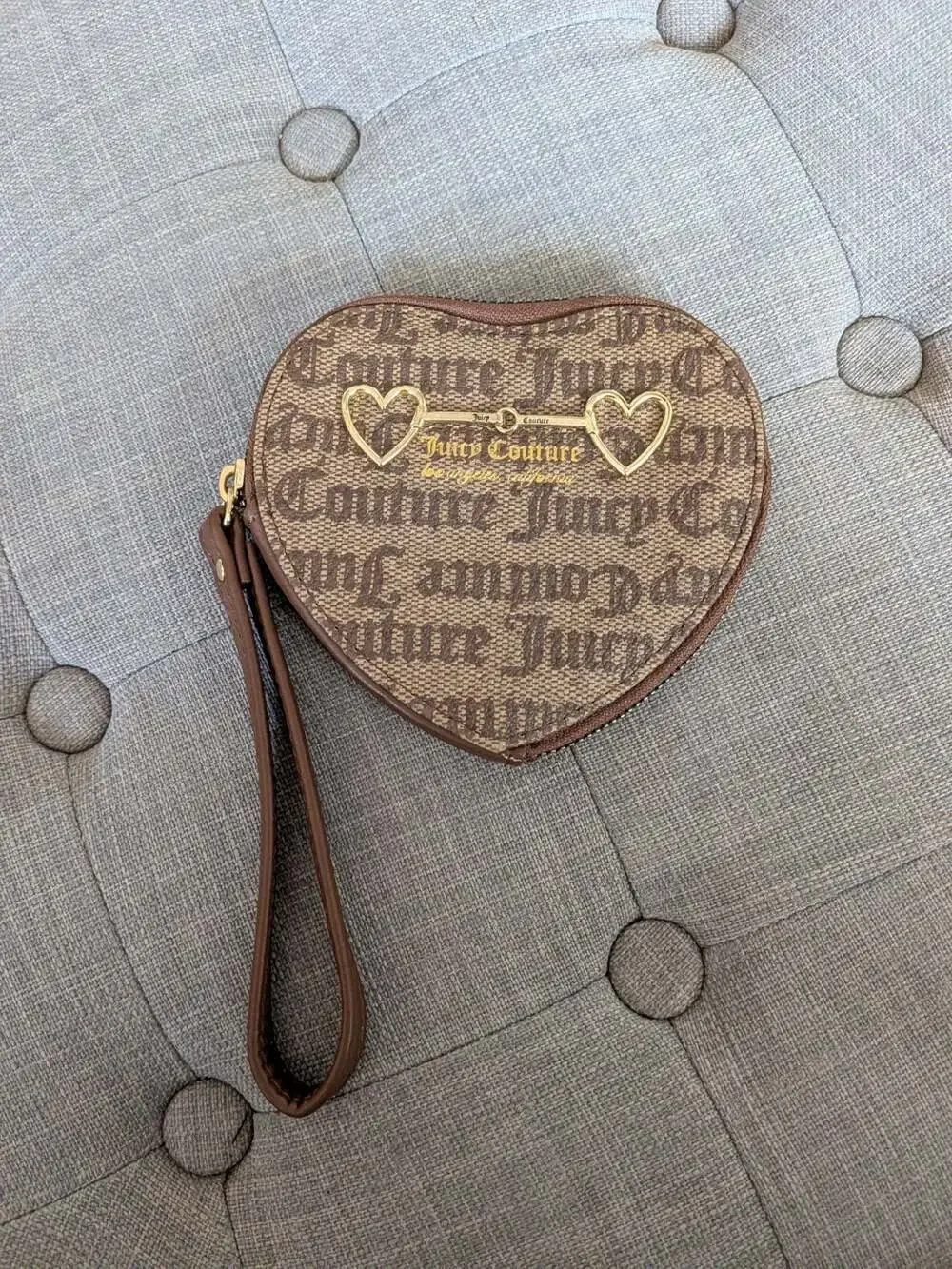 Juicy Couture Brown Gothic Logo Heart Wristlet Coin Purse Pouch
